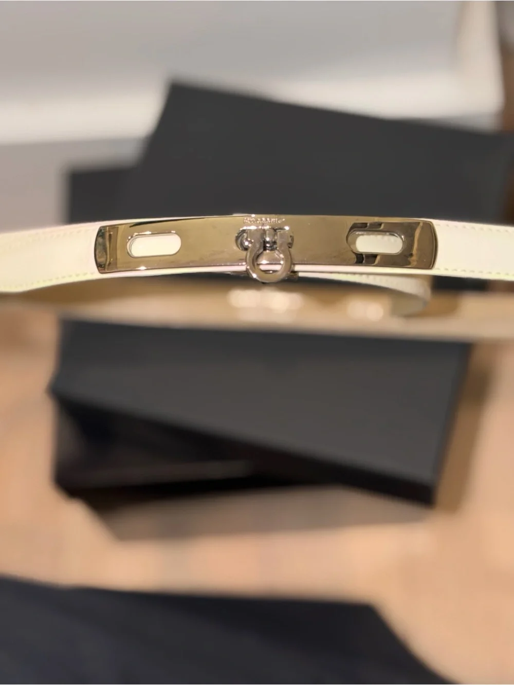 Salvatore Ferragamo Cream Patent Leather Belt with Silver Hardware